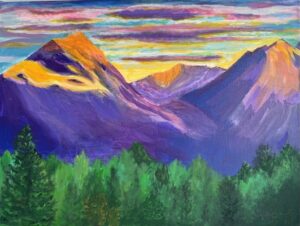 colorful acrylic painting of sunset on the mountains