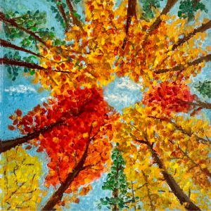Tops of trees with fall leaves and sky