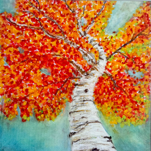 painting of Birch or aspen tree with fall colors