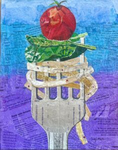 Collage of a fork with pasta, basil and a tomato