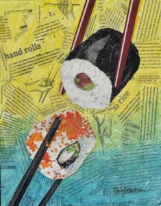 Collage of nori rolls sushi and chopssticks