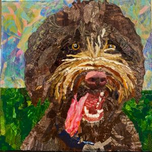 collage of a brown dog with a pink tongue