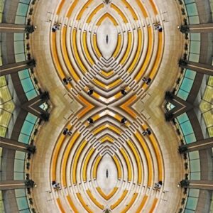 overhead view of atrium seating and walkways