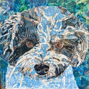 blue-cast collage of a black and white dog