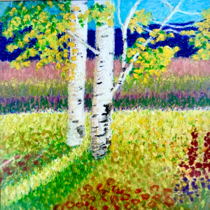 painting of Birch trees with long shadows