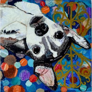 Collage of a black and white dog on a colorful background
